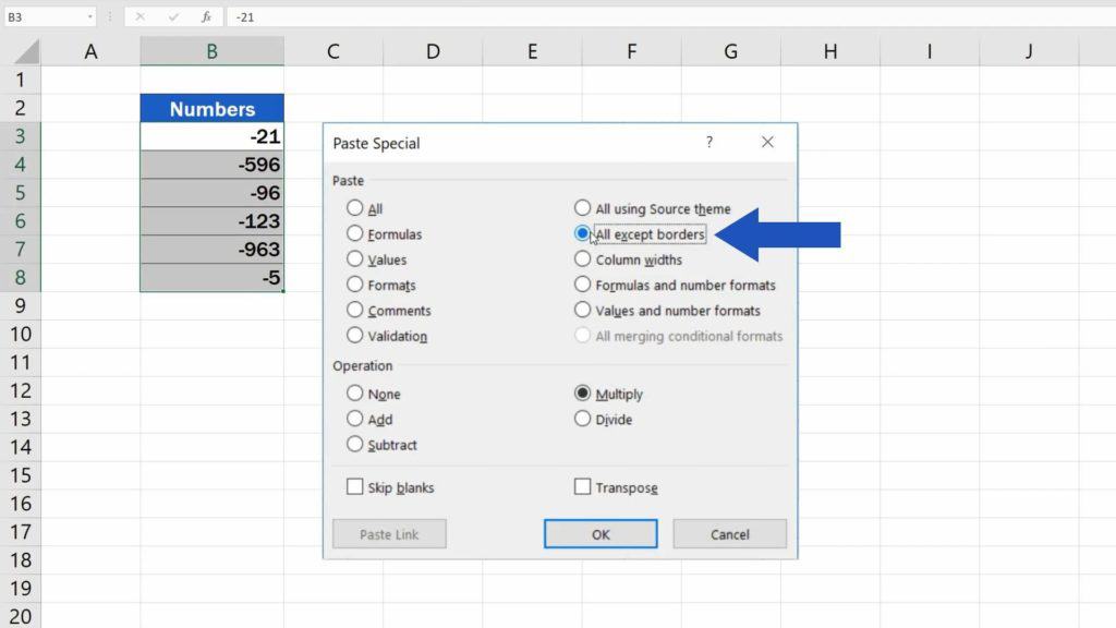 How to Change Negative Numbers to Positive in Excel - option all except borders
