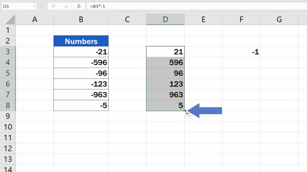 How to Change Negative Numbers to Positive in Excel - use formula in the rest of the cells