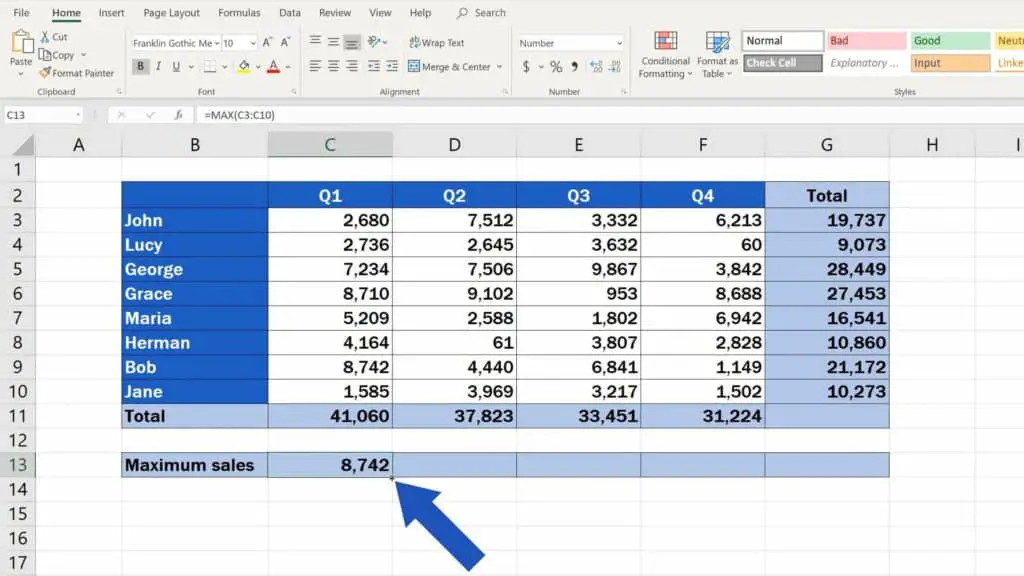 How to Find the Largest Number in Excel - copy autosum formula in Excel