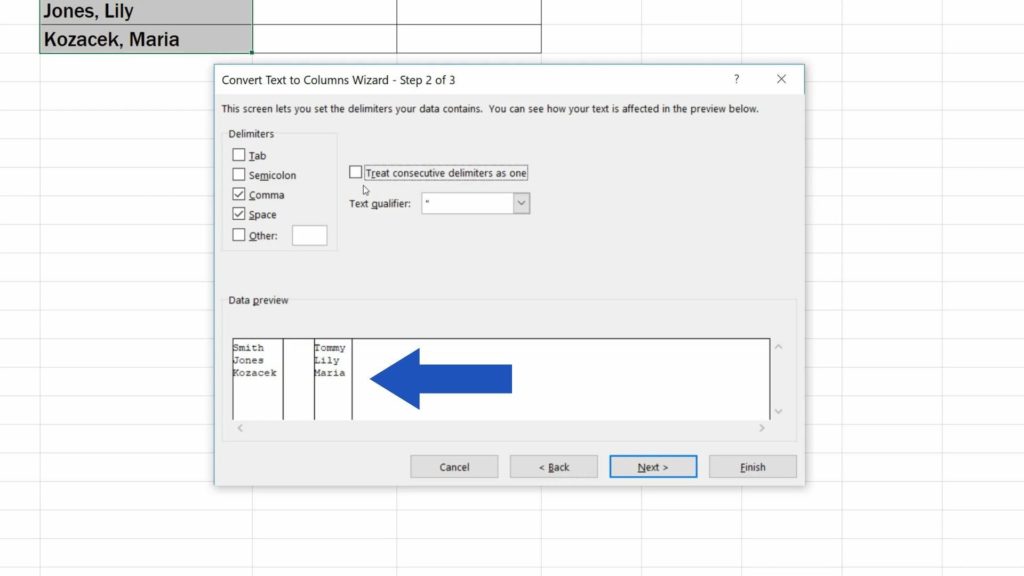 How to Separate Names in Excel - Treat consecutive delimiters as one