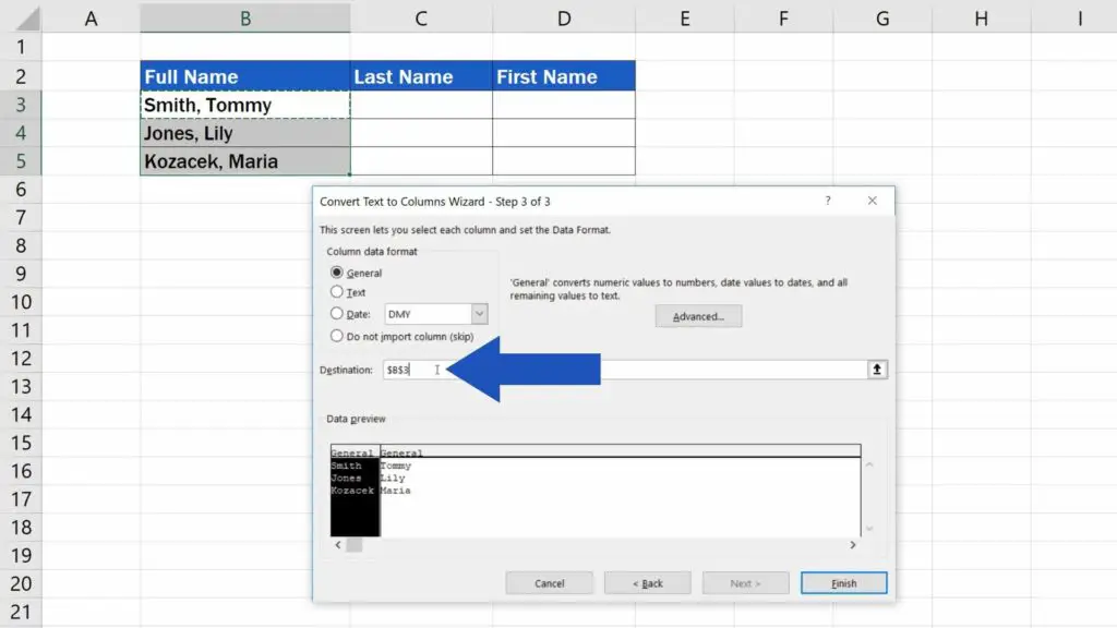 How to Separate Names in Excel - final destination of separated names