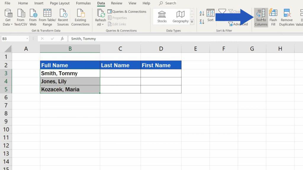 How to Separate Names in Excel - option text to column