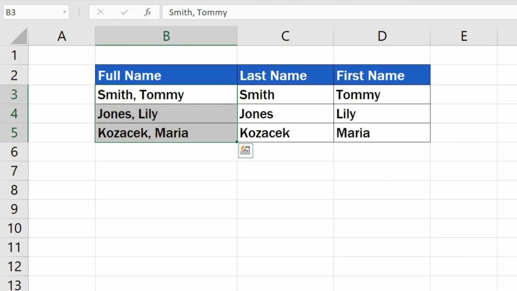 How to Separate Names in Excel - result of dividing names
