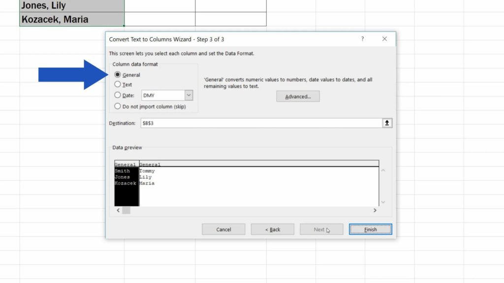 How to Separate Names in Excel - set formatting