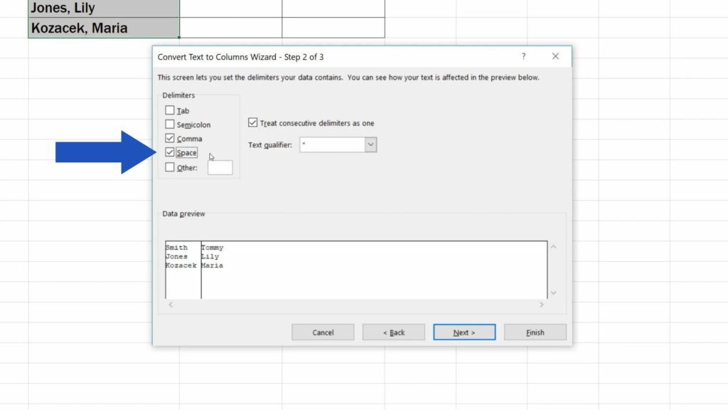 How to Separate Names in Excel - space and comma are delimiters