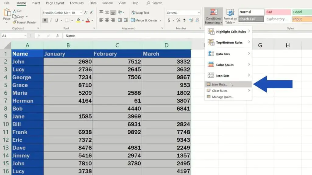 How to Highlight Blank Cells in Excel (Conditional Formatting) - select new rule from conditional formatting