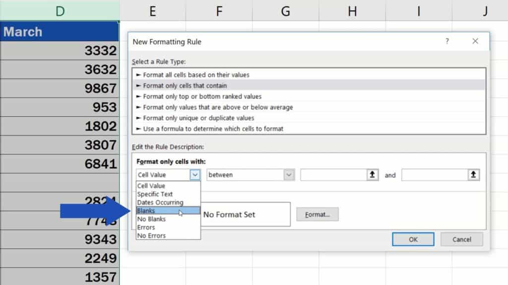 How to Highlight Blank Cells in Excel (Conditional Formatting) - set up options for conditional formatting