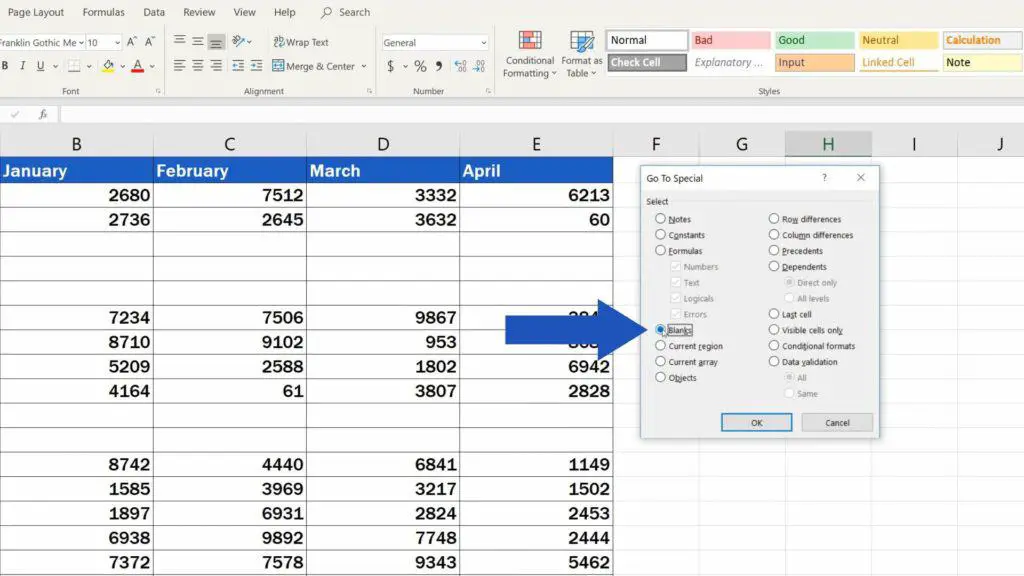 How to Remove Blank Rows in Excel - choose option blanks