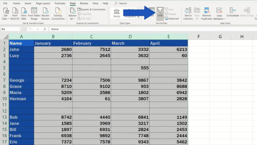 How to Remove Blank Rows in Excel - use filter option to remove blank rows