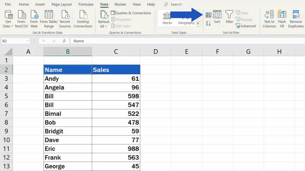 How to Sort Alphabetically in Excel - sort names alphabetically in Excel