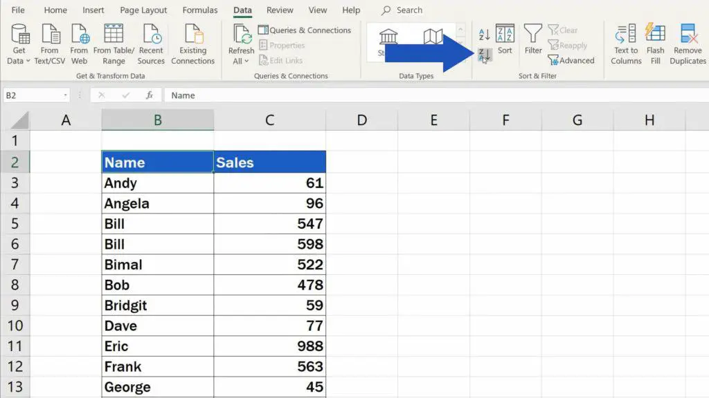 How to Sort Alphabetically in Excel - sort names vice versa