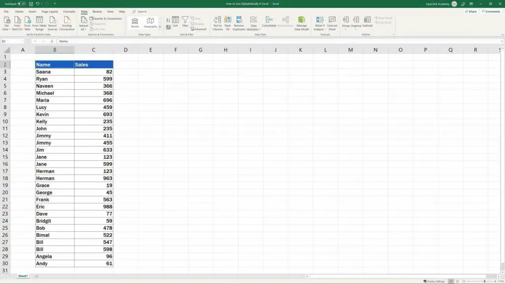 How to Sort Alphabetically in Excel - sorted list of names in Excel