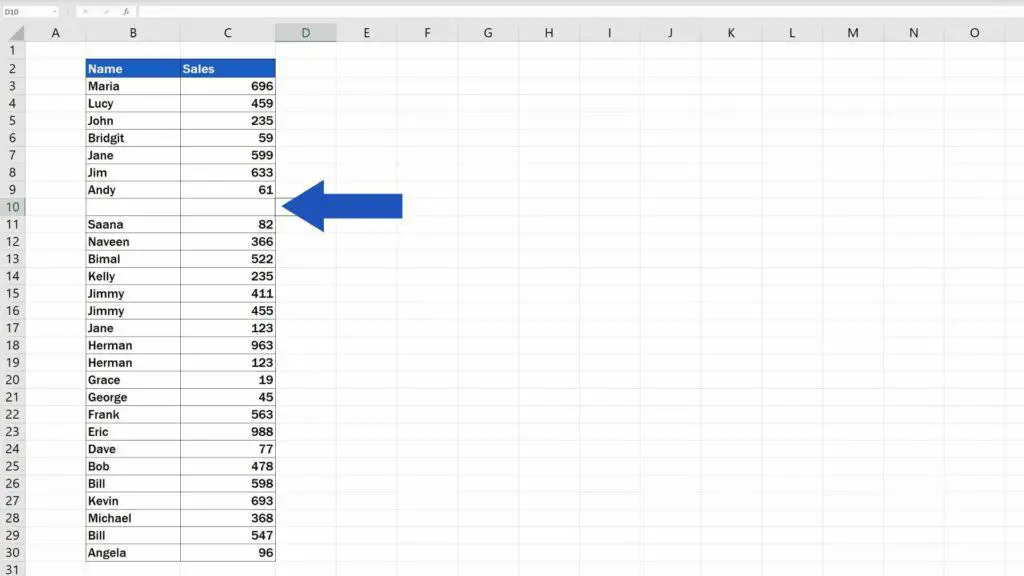 How to Sort Alphabetically in Excel - use table without blank rows