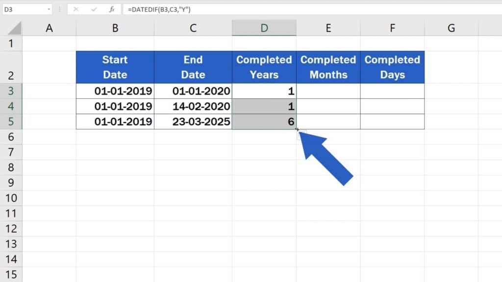 How to Calculate Difference Between Two Dates in Excel - copy formula in others rows