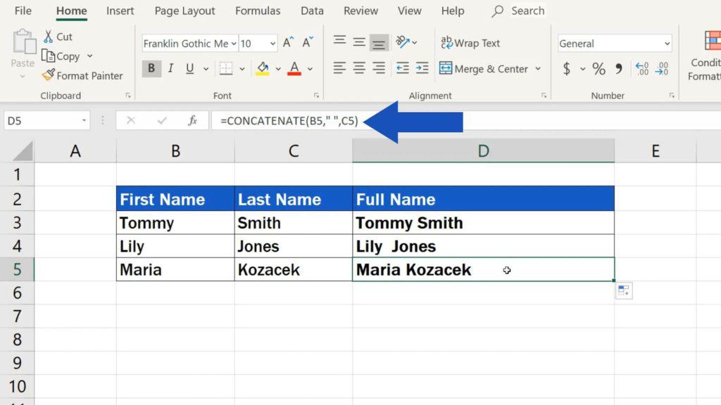 How to Combine First and Last Name in Excel - cell reference