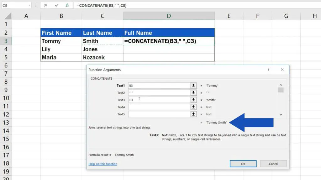 How to Combine First and Last Name in Excel - check final form of combined cells