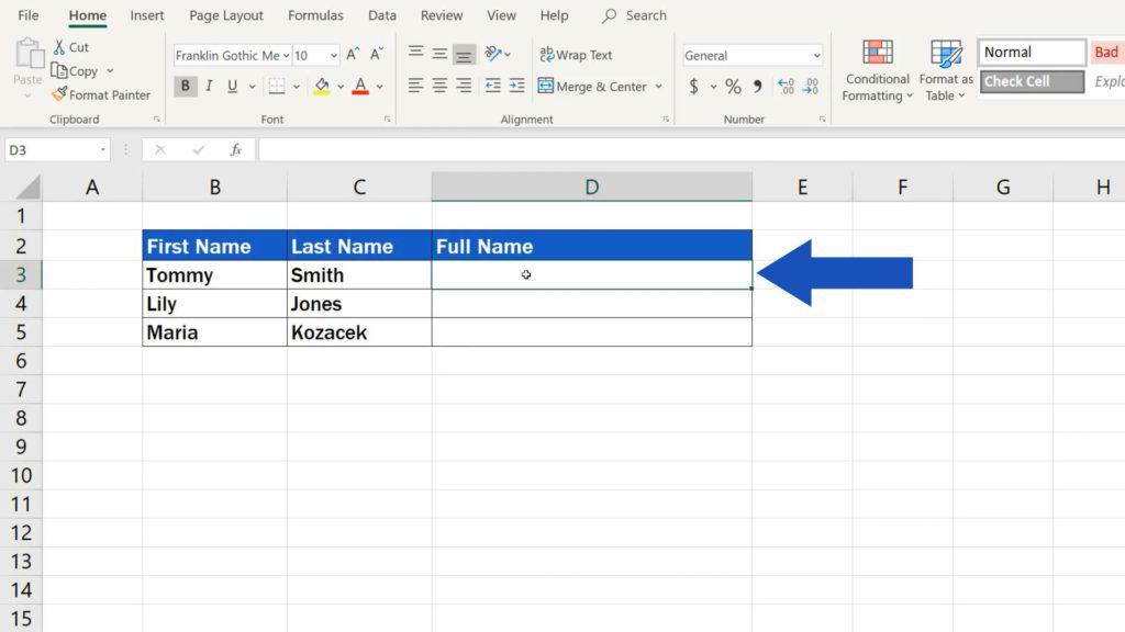 How to Combine First and Last Name in Excel - choose area where you want combine names