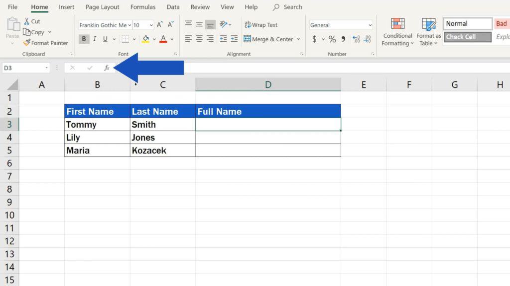 How to Combine First and Last Name in Excel - click on the button fx which serves function