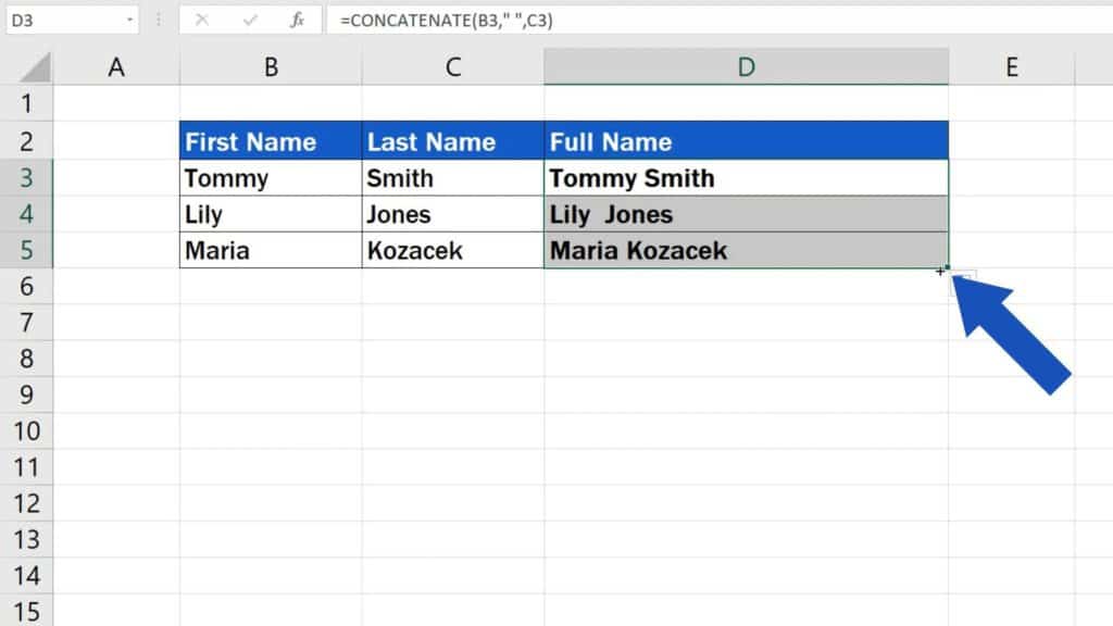 How to Combine First and Last Name in Excel - how to use formula in other rows
