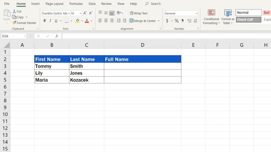 How to Combine First and Last Name in Excel - table with data of any size