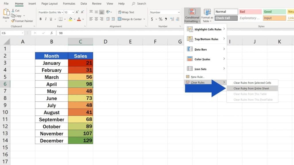 How to Use Color Scales in Excel (Conditional Formatting) - clear rules from sheet in Excel