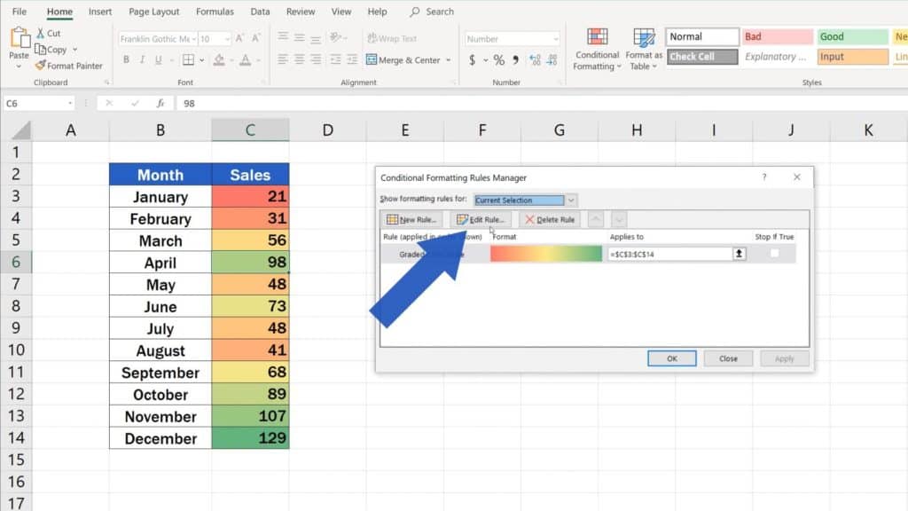 How to Use Color Scales in Excel (Conditional Formatting) - edit rule while creating heatmap