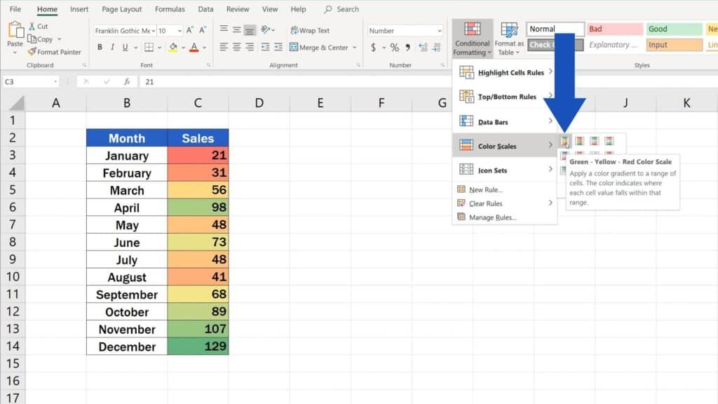 How to Use Color Scales in Excel (Conditional Formatting) - green and red color scale