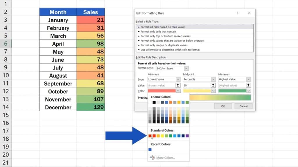 How to Use Color Scales in Excel (Conditional Formatting) - pick the colour to heatmap