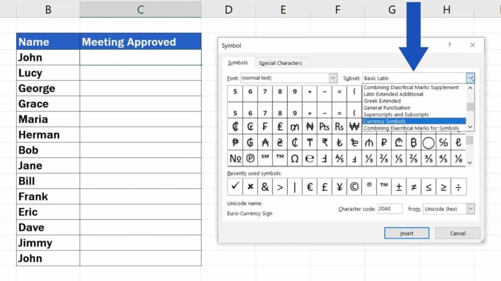 How to Insert a Symbol in Excel - groups of symbols in Excel