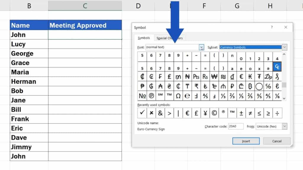 How to Insert a Symbol in Excel - how to choose font of symbols
