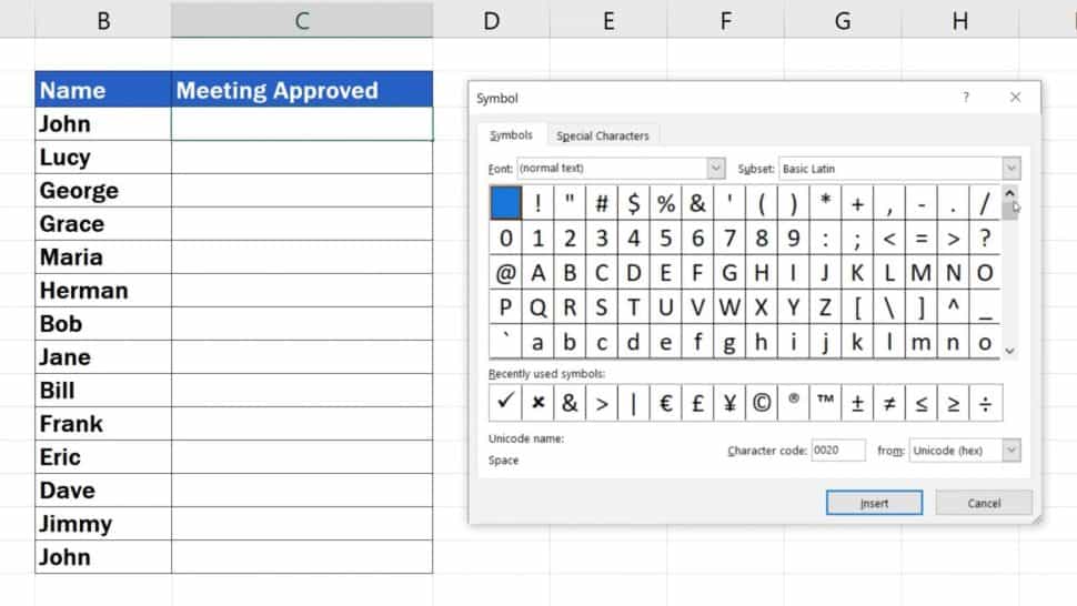 How to insert a symbol in excel