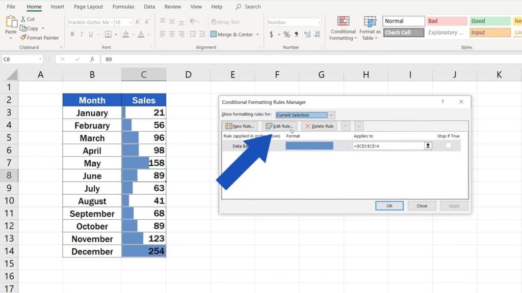 Try out Data Bars in Excel for clear graphical data representation - edit rule in conditional formatting