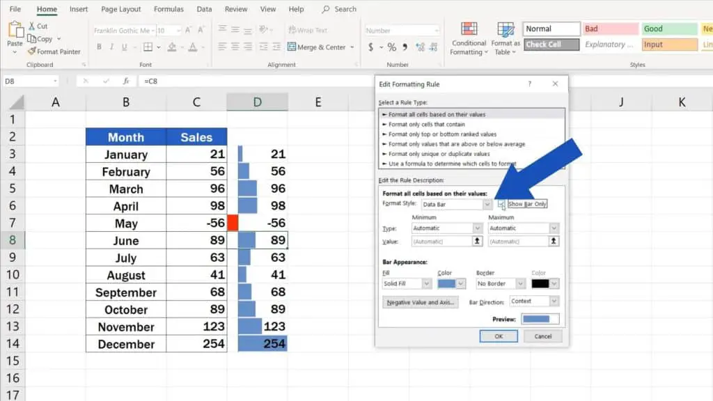 Try out Data Bars in Excel for clear graphical data representation - how to show only bar in Excel, without numbers