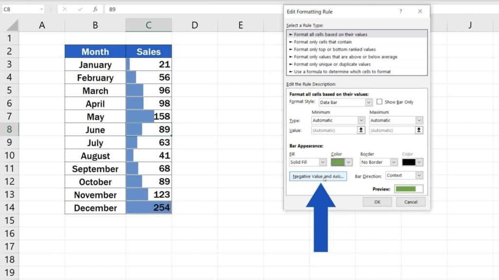 Try out Data Bars in Excel for clear graphical data representation - represent negative value and axis