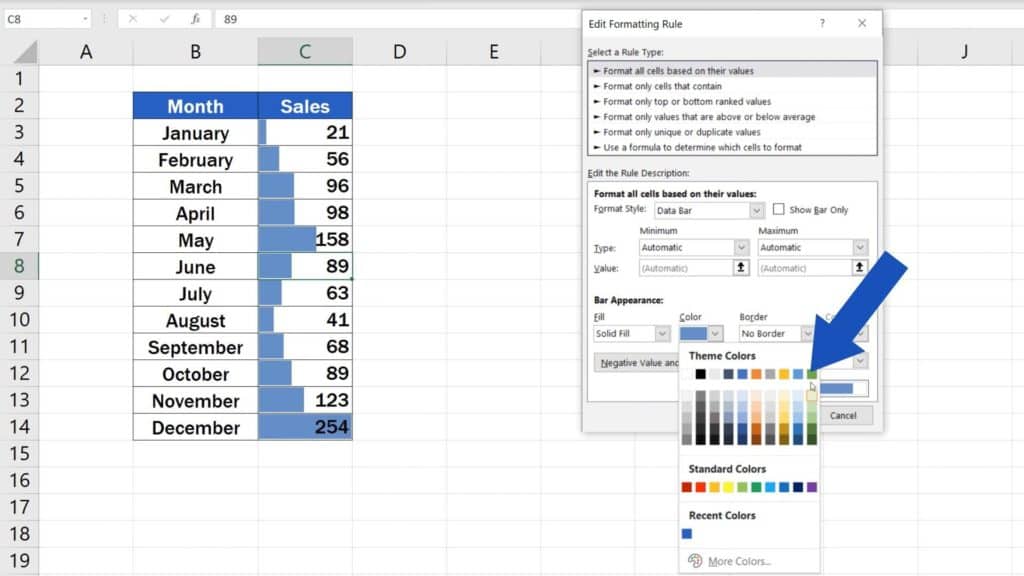 Try out Data Bars in Excel for clear graphical data representation - select colour you need to see your data visually