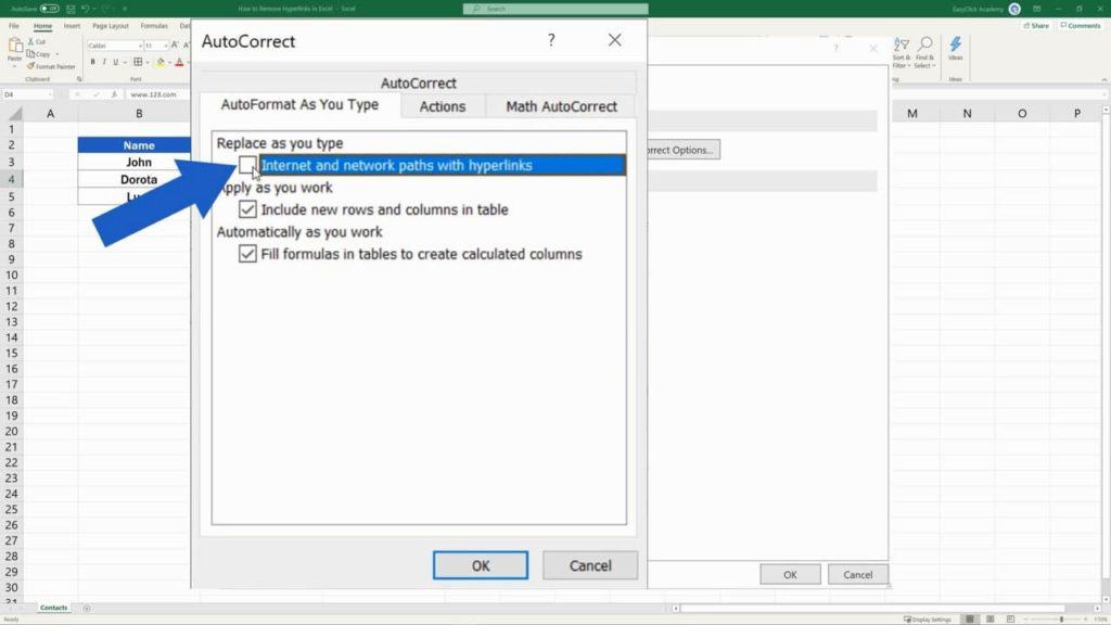 How to Remove Hyperlinks in Excel - Automatic hyperlink disabled
