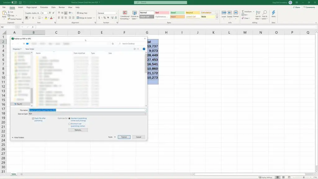 How to Convert an Excel File into PDF - Choose a Location to Save PDF