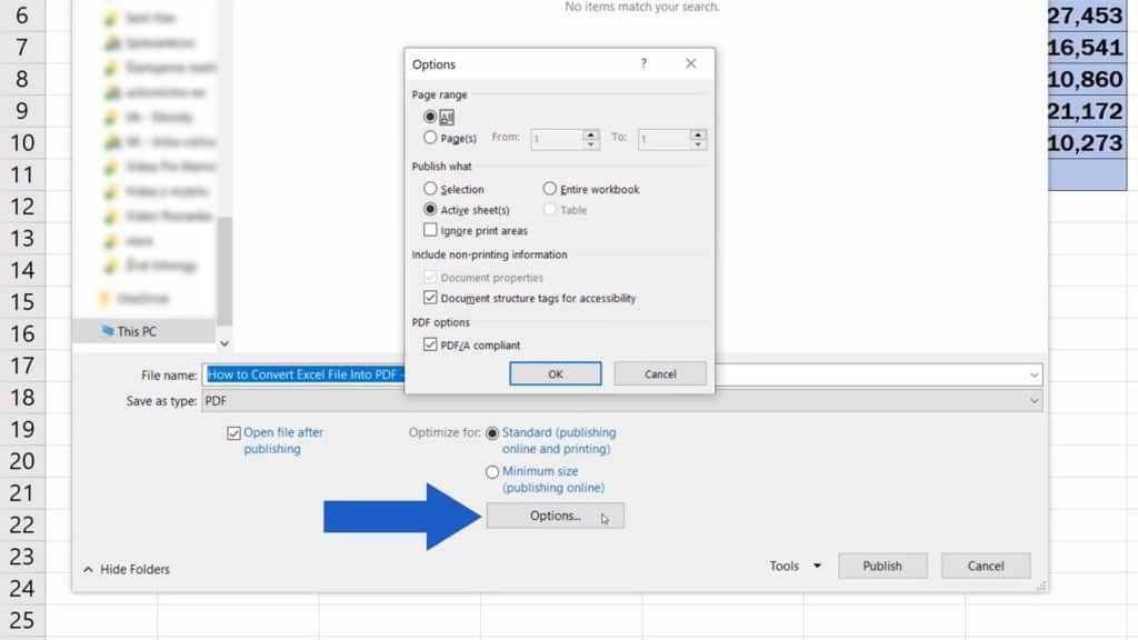 How to Convert an Excel File into PDF - Set Further Options