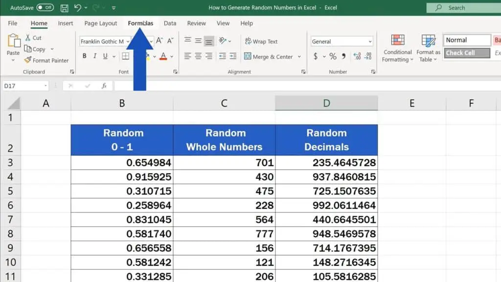 How to Generate Random Numbers in Excel - Formulas Tab