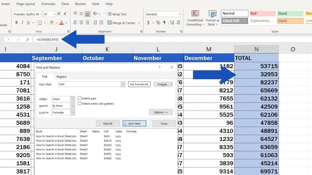 How to Search in Excel Sheet - Find the next cell where the function ‘Sum’ is located