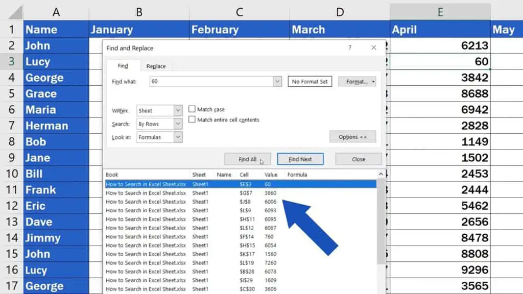 How to Search in Excel Sheet -  Results