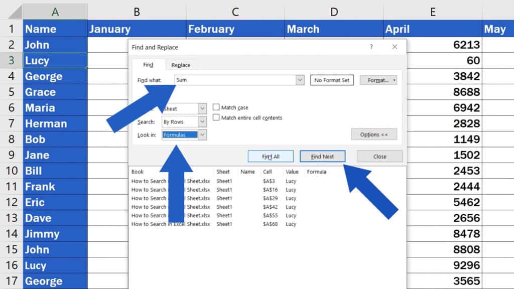 How to Search in Excel Sheet - To find where within the sheet is the function ‘Sum’ 