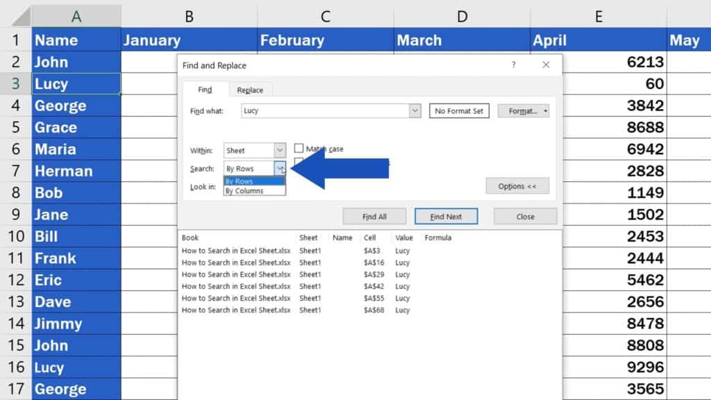 How to Search in Excel Sheet - To search either ‘By Rows’ or ‘By Columns’