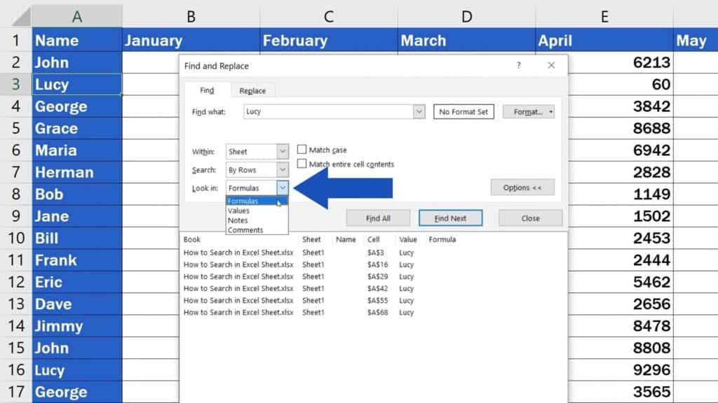 How to Search in Excel Sheet - To search only in formulas, values, notes or comments