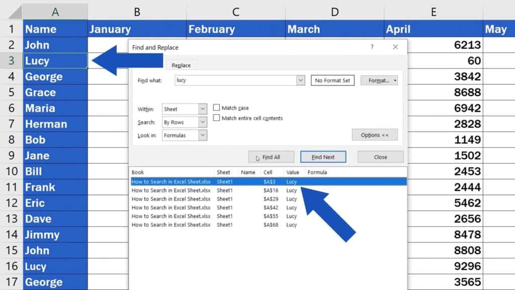 How to Search in Excel Sheet -  Untick the box