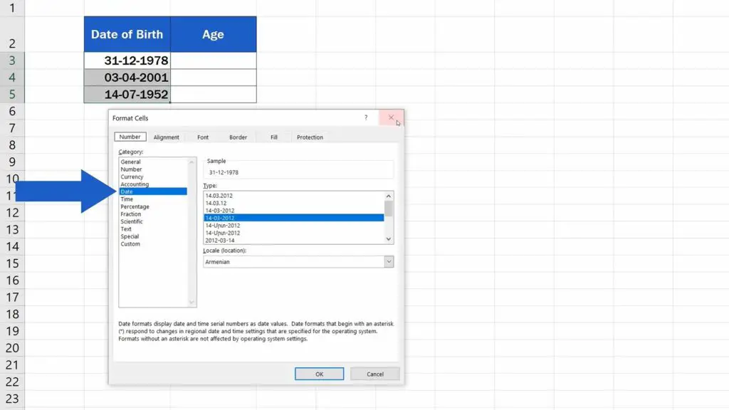 How to Calculate Age Using a Date of Birth in Excel - Cells Formated As Date