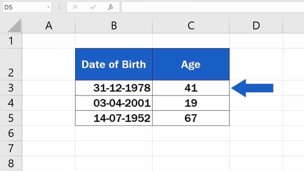 How to Calculate Age Using a Date of Birth in Excel - Each row now contains the calculated age