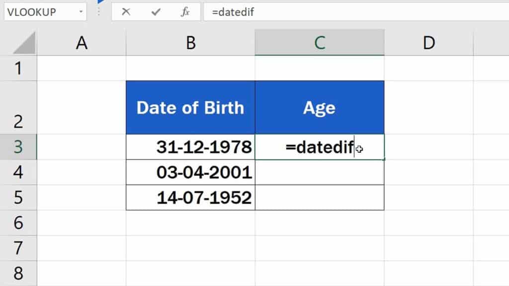How to Calculate Age Using a Date of Birth in Excel - Function DATEDIF