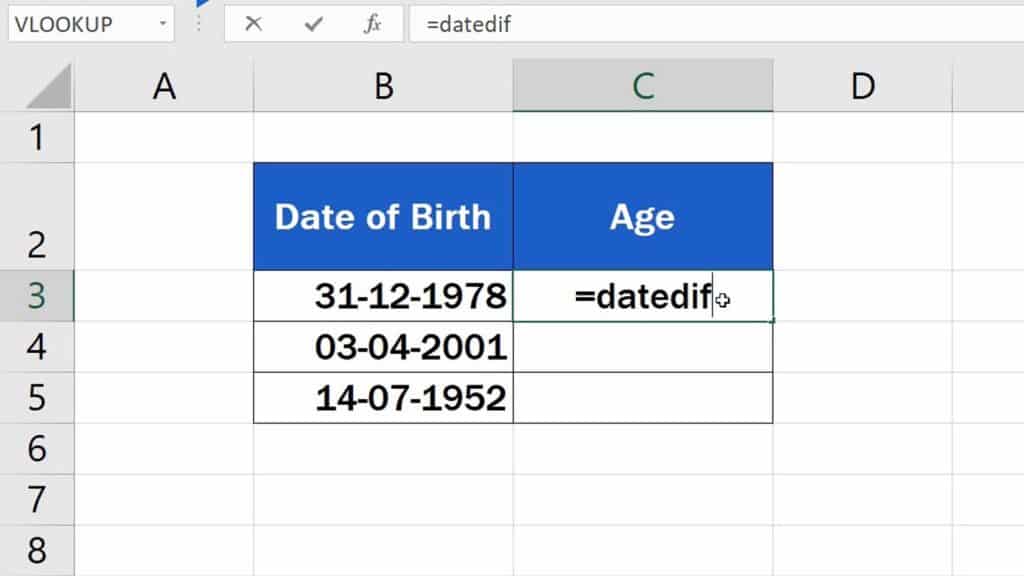 How to Calculate Age Using a Date of Birth in Excel - Function DATEDIF