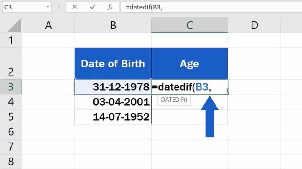 How to Calculate Age Using a Date of Birth in Excel - Function DATEDIF, B3 Cell